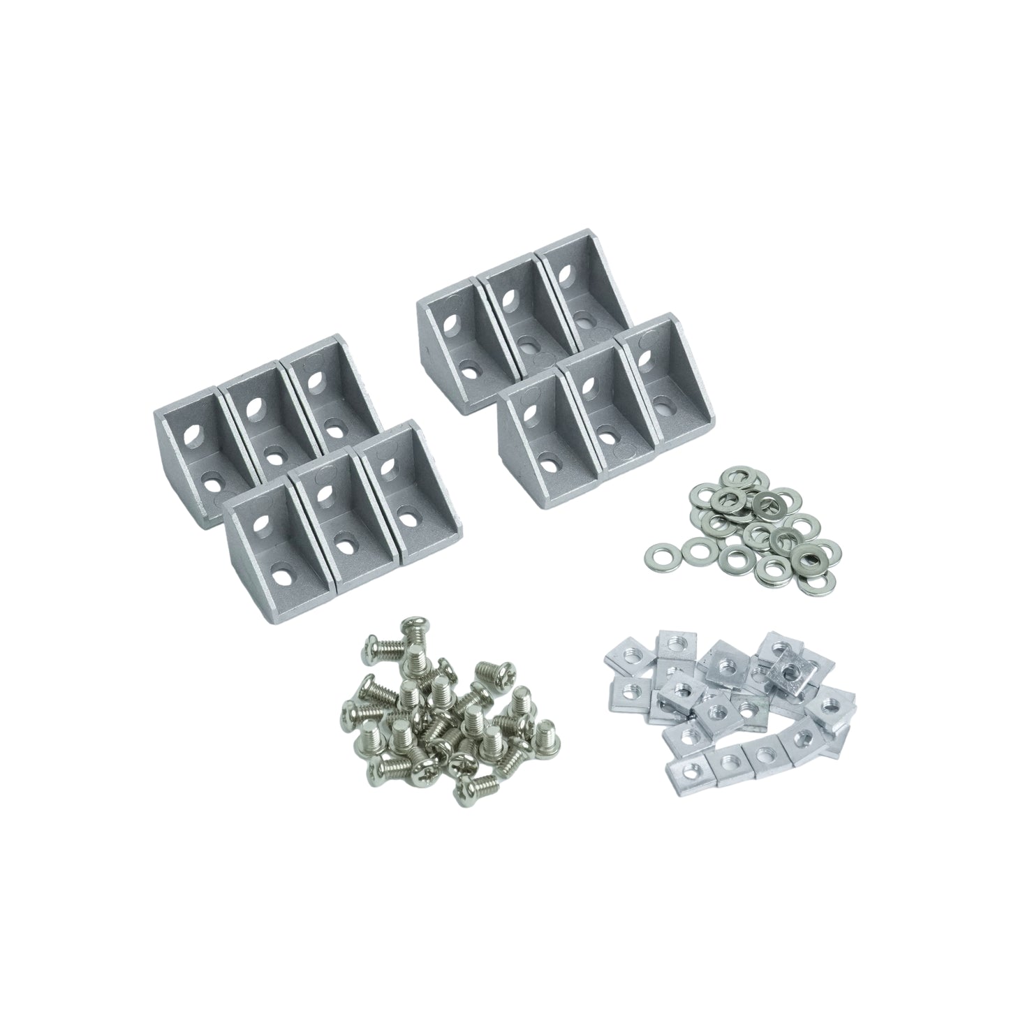 For 15x15mm Profiles, 12 External Corner Connectors, 25 Phillips Head Screws M4x6mm, 25 Flat Stainless Steel Washer, M4x8x0.5mm, and 25 Sliding Nuts M4