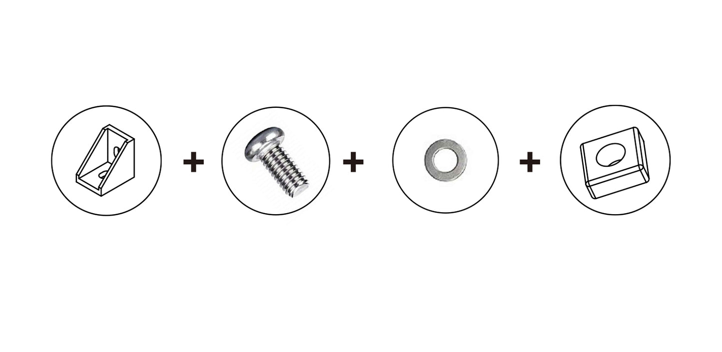 For 15x15mm Profiles, 12 External Corner Connectors, 25 Phillips Head Screws M4x6mm, 25 Flat Stainless Steel Washer, M4x8x0.5mm, and 25 Sliding Nuts M4